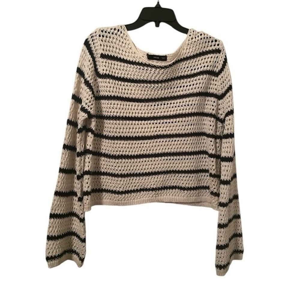 MNG Women's Black White Striped‎ Openwork Crochet Knit Sweater Size XL